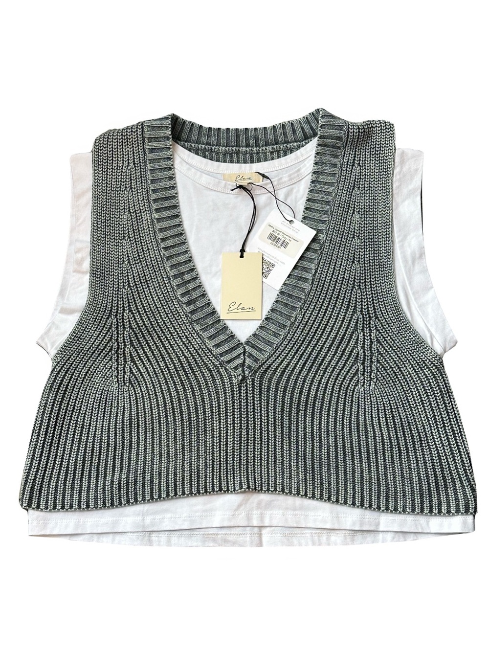 Elan Tabitha Layered Look Sweater Vest Top Cropped Grey Ribbed Knit Medium